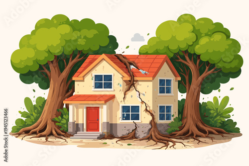 Simple flat vector illustration of a residential house suffering severe structural damage and cracks caused by large tree roots and trunks growing too close to the building foundation.