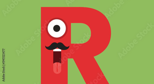 Fun Red Letter R with Face on Green Background