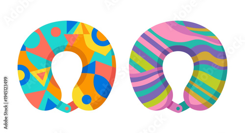 Two colorful travel pillows with abstract geometric patterns are displayed