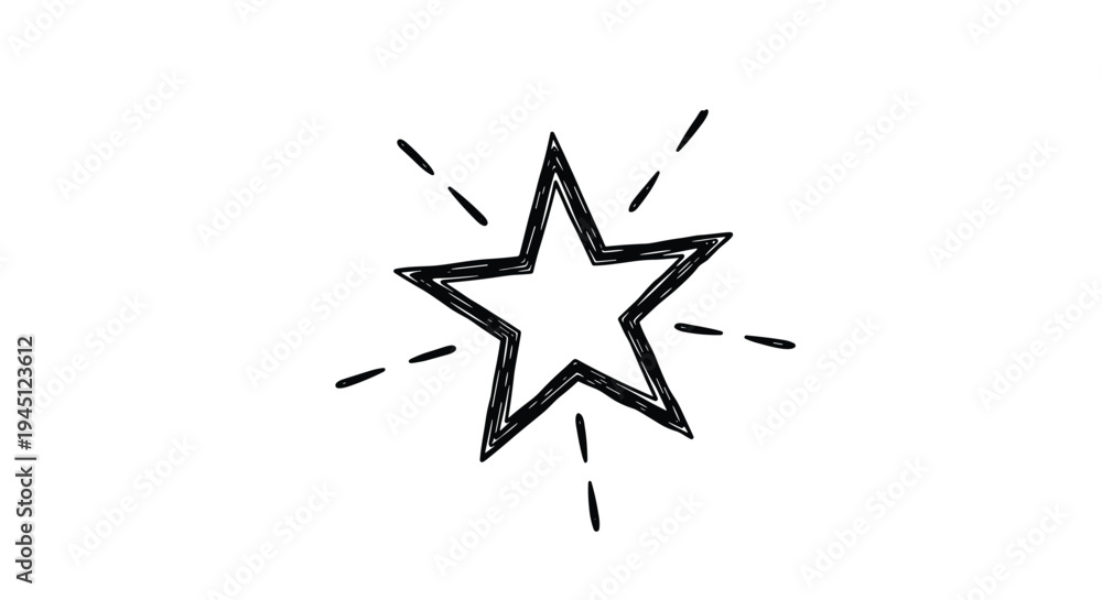 Obraz premium Simple black and white hand-drawn star illustration with radiating lines indicating shining or glowing on a plain background.