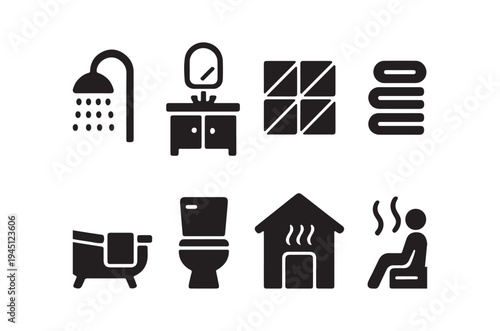 Black and white icons depicting bathroom and relaxation related objects
