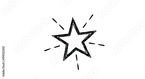 Simple black and white hand-drawn star illustration with radiating lines indicating shining or glowing on a plain background.