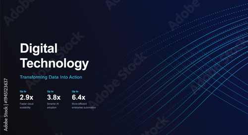 Digital Technology Presentation Slide with Abstract Blue Data Lines and Performance Statistics for Enterprise Automation and Cloud Scalability Solutions Portfolio
