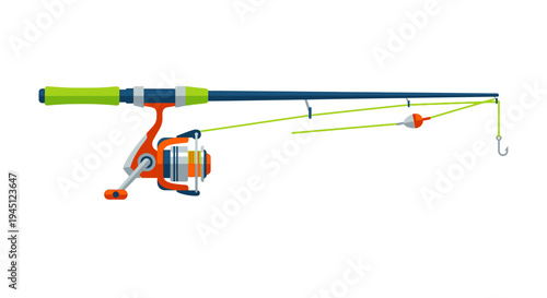 Cartoon illustration of a fishing rod with reel line and hook
