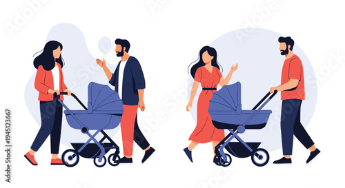 Two young couples walking with their baby strollers representing modern parenting and family outdoor leisure activities.