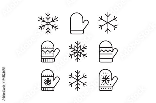 Winter themed line icons featuring snowflakes hats and mittens