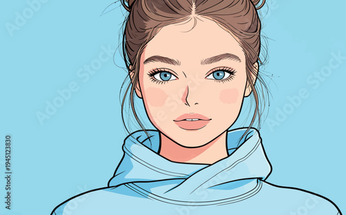 A young woman poses in a light blue hoodie with her hair styled up. She looks directly at the viewer with clear blue eyes.