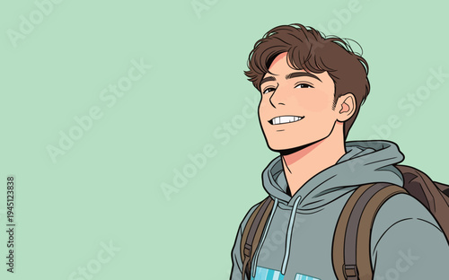 A young man stands with a backpack on his shoulders. He smiles and looks directly at the viewer. The background is plain.