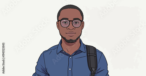 A young man stands with a backpack and glasses. He wears a blue shirt and looks directly at the viewer. The background is plain.