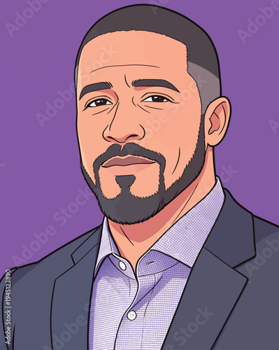 A man stands with a slight smile, wearing a suit over a purple backdrop, showing a confident expression and relaxed posture.