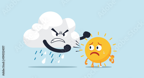 Humorous cartoon personification of an angry rain cloud scolding a sad and sweaty sun during a sudden weather change.