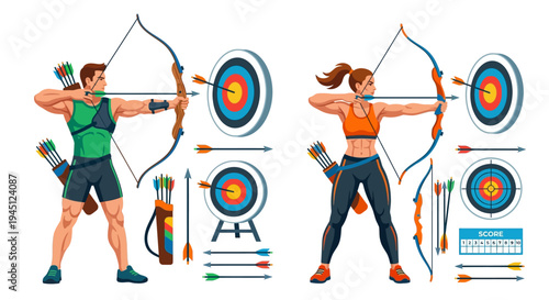 Two archers demonstrate their skills with bows and arrows at targets