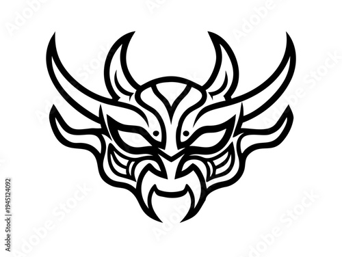 Tribal demon mask tattoo style black line illustration