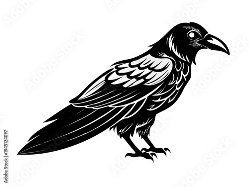Black raven bird illustration tattoo style isolated on white