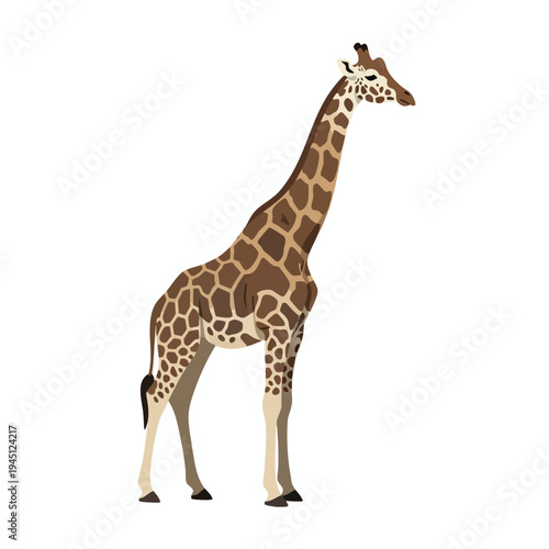 A vector illustration of a giraffe with brown patches standing on a white background