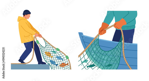 Fishermen hauling a net filled with colorful fish from a blue boat