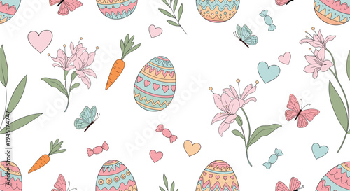 Seamless Easter pattern featuring decorated eggs, flowers, butterflies, carrots, and hearts on a white background.