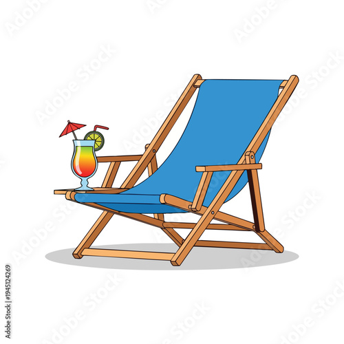 Relaxing deck chair with a colorful tropical drink and umbrella