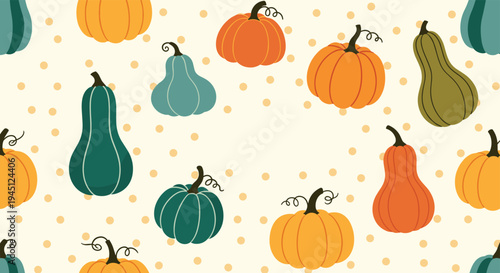 Autumn themed seamless pattern of various colorful pumpkins and squashes on a cream background with polka dots.