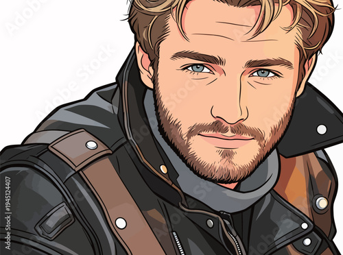 A man poses with a smile while wearing a black jacket and a scarf. His hair is light and he has a short beard, showing a relaxed look.