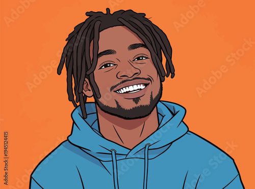 A man with dreadlocks smiles while wearing a blue hoodie. The background is bright orange. He appears happy and relaxed.
