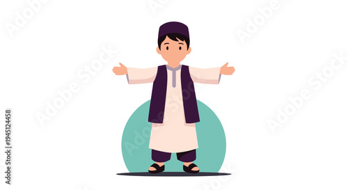 Smiling young boy wearing traditional Middle Eastern clothing with open arms standing against a bright teal circle.
