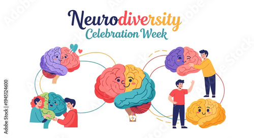 Illustration of people interacting with colorful brain graphics, celebrating Neurodiversity Celebration Week with a vibrant and educational design.