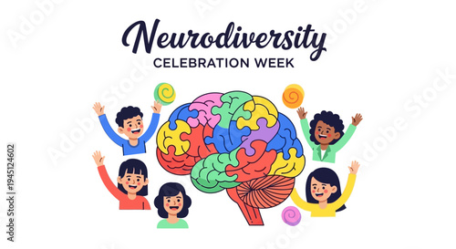 Illustration of diverse people celebrating Neurodiversity Celebration Week with a colorful brain graphic, conveying awareness and acceptance with a joyful mood against a clean white