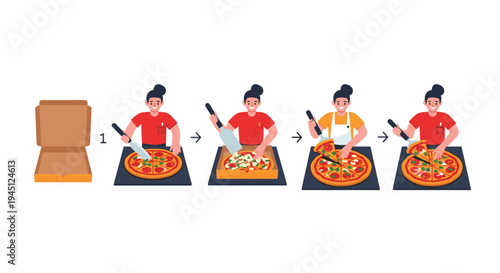Step by step illustration showing a female chef preparing and placing a fresh hot pizza into a cardboard delivery box.