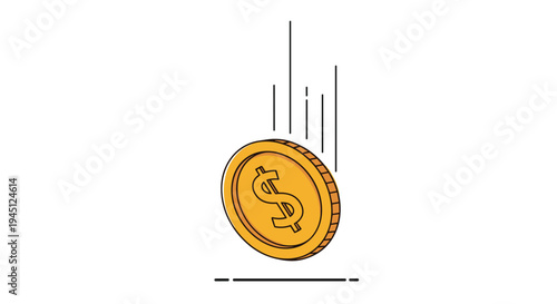 Single golden dollar coin falling through the air with movement lines indicating a sudden drop or financial loss.