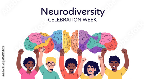 Illustration of diverse people celebrating Neurodiversity Celebration Week with colorful brain graphics in a vibrant and inclusive design.