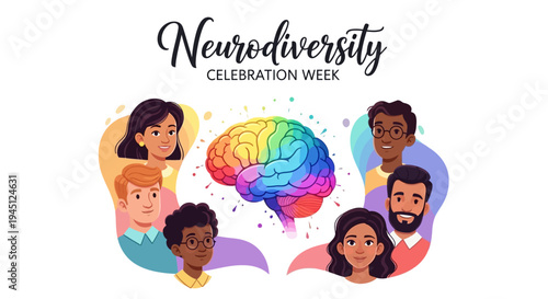 Illustration of diverse people celebrating Neurodiversity Celebration Week with a colorful brain design and rainbow hues on a white background.
