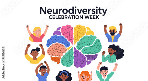 Illustration of diverse people celebrating Neurodiversity Celebration Week with colorful brain design and raised hands in a joyful and accepting mood.