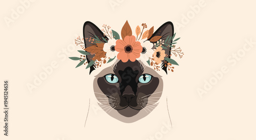 Portrait of a Siamese cat wearing an elegant crown made of colorful flowers and autumn leaves on a cream background.