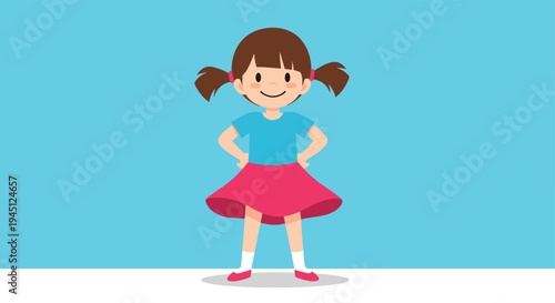 Happy young girl with brown hair in pigtails wearing a blue shirt and pink skirt standing confidently on blue.
