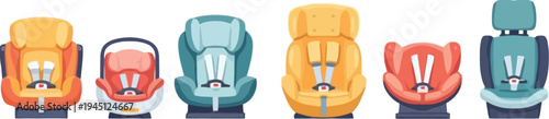 A row of colorful baby car seats in different styles and sizes
