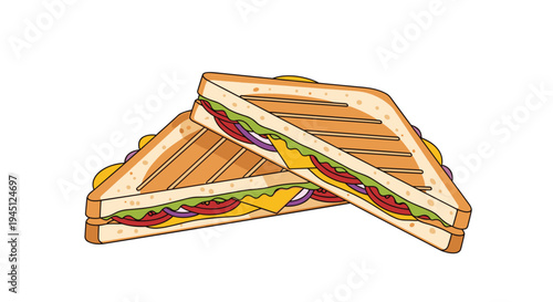 Two delicious toasted club sandwiches with melted cheese, tomatoes, and lettuce stacked on a white background.