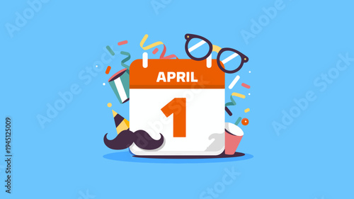 April fools' day celebration with calendar glasses mustache and confetti on blue background