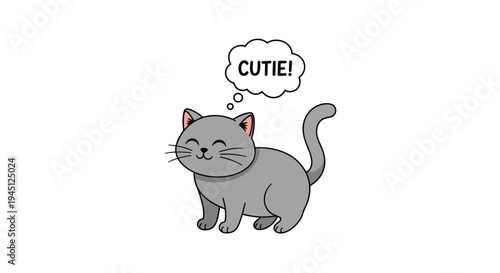 Adorable gray cartoon cat with a thought bubble saying cutie while standing happily on a plain white background.