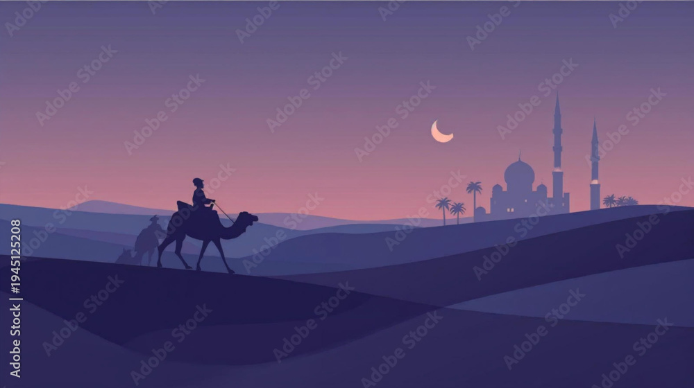 Fototapeta premium illustration silhouette camel in the desert and grand mosque in the background