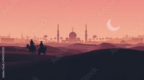 silhouette of a couple rider horsea in the desert and grand mosque in the background