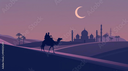 illustration silhouette camel in the desert and grand mosque in the background