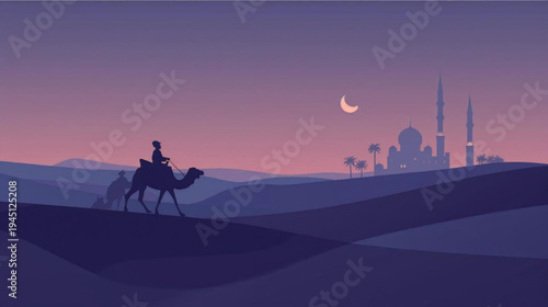 illustration silhouette camel in the desert and grand mosque in the background