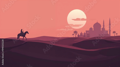 illustration silhouette-style desert scene at dusk, featuring a lone rider on a horse crossing sand dunes, with a grand mosque and palm trees in the background