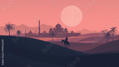 illustration silhouette-style desert scene at dusk, featuring a lone rider on a horse crossing sand dunes, with a grand mosque and palm trees in the background