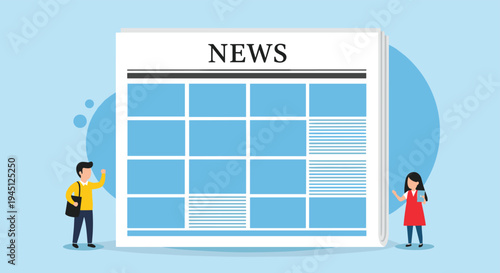 Two small people standing next to a giant newspaper layout representing news, media, and latest global information.