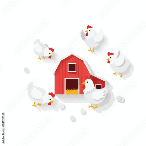 Five white chickens around a red barn with hay and eggs scattered