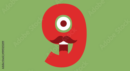 Whimsical Number 9 Character with Googly Eye and Mustache