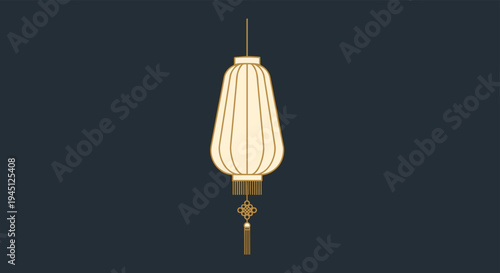 Traditional oriental paper lantern with intricate golden details and a decorative tassel hanging against a dark navy blue background.