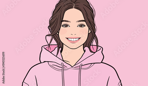 A young woman with long hair smiles brightly while dressed in a pink hoodie. The background is also pink, creating a uniform look.